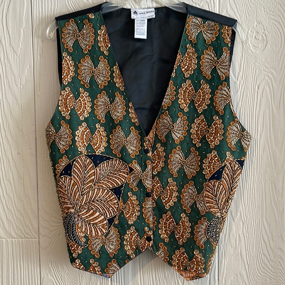 Vintage Ana Mori Vest Green Gold Embellishments Special Occasion Holiday Party
